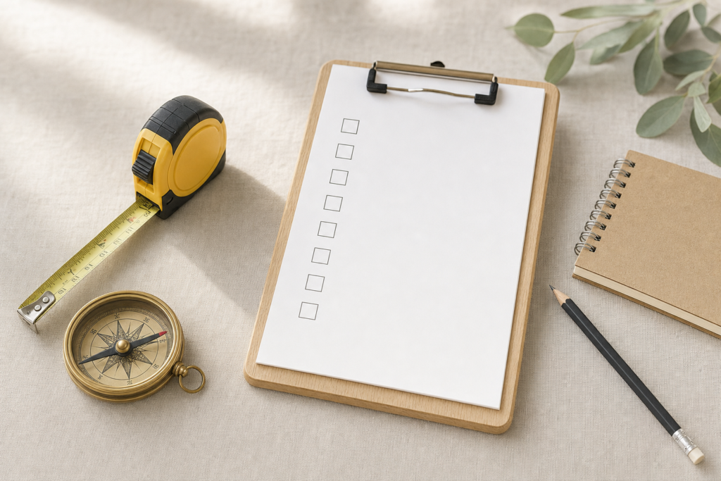 Clipboard with a blank nine-point checklist beside a measuring tape, brass compass, notebook and pencil, representing the practical checks to make before you choose a residential apartment in Dhaka