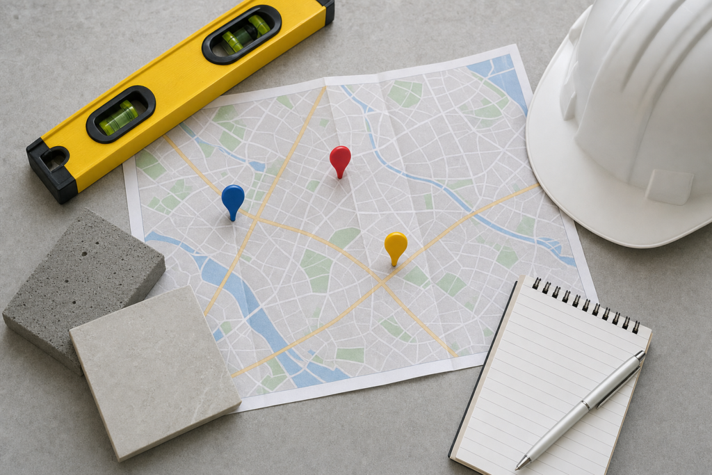 City map with location pins, spirit level, concrete and tile samples, safety helmet and notepad, representing how buyers evaluate location, construction quality and amenities