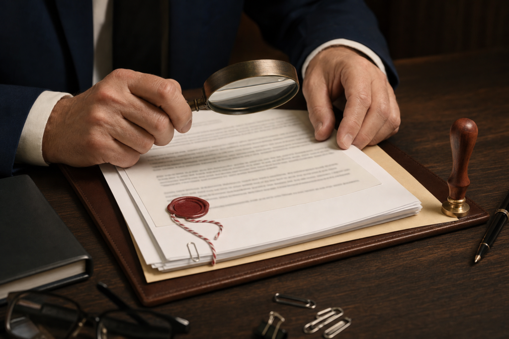 Hands examining sealed legal documents with a magnifying glass next to a rubber stamp and folder, representing document checks for apartment buying due diligence before you pay
