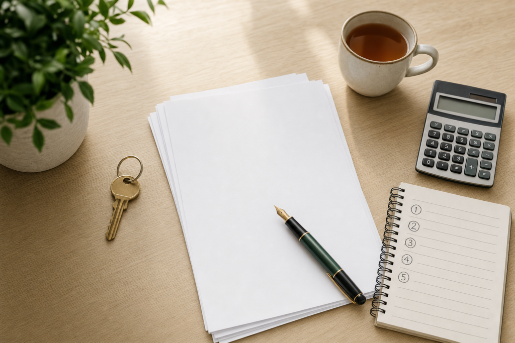 House key, blank purchase documents, fountain pen, calculator and a numbered checklist notebook on a wooden desk, illustrating the step-by-step process of buying property in Bangladesh