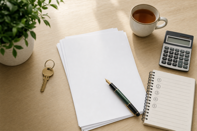 House key, blank purchase documents, fountain pen, calculator and a numbered checklist notebook on a wooden desk, illustrating the step-by-step process of buying property in Bangladesh