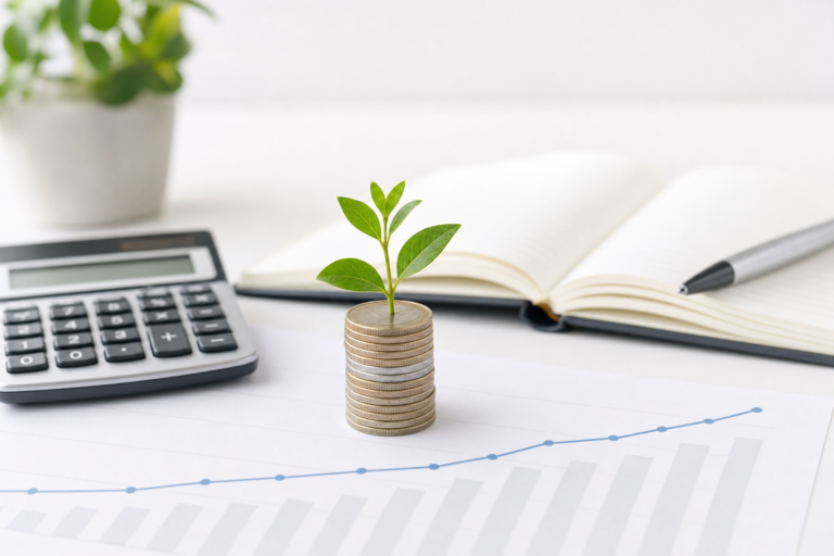 Stack of coins with a green seedling on top of a rising growth chart, with a calculator and open planner, symbolising the long-term value of investing in a well-planned residential project
